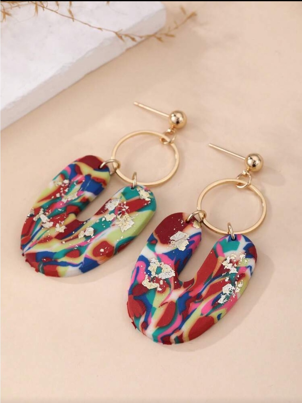 Multicolor Swirl Drop Earrings with Gold Hoops
